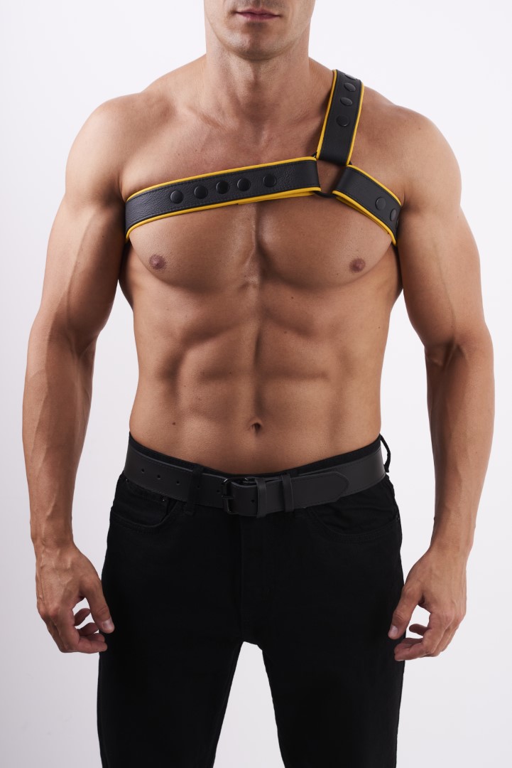 HighQuality - Soft Leder Brust Harness Y Schwarz/Gelb